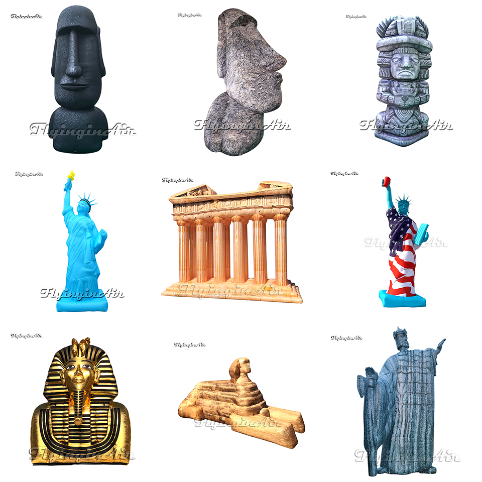algunas réplicas inflables de la estatua de piedra para el evento