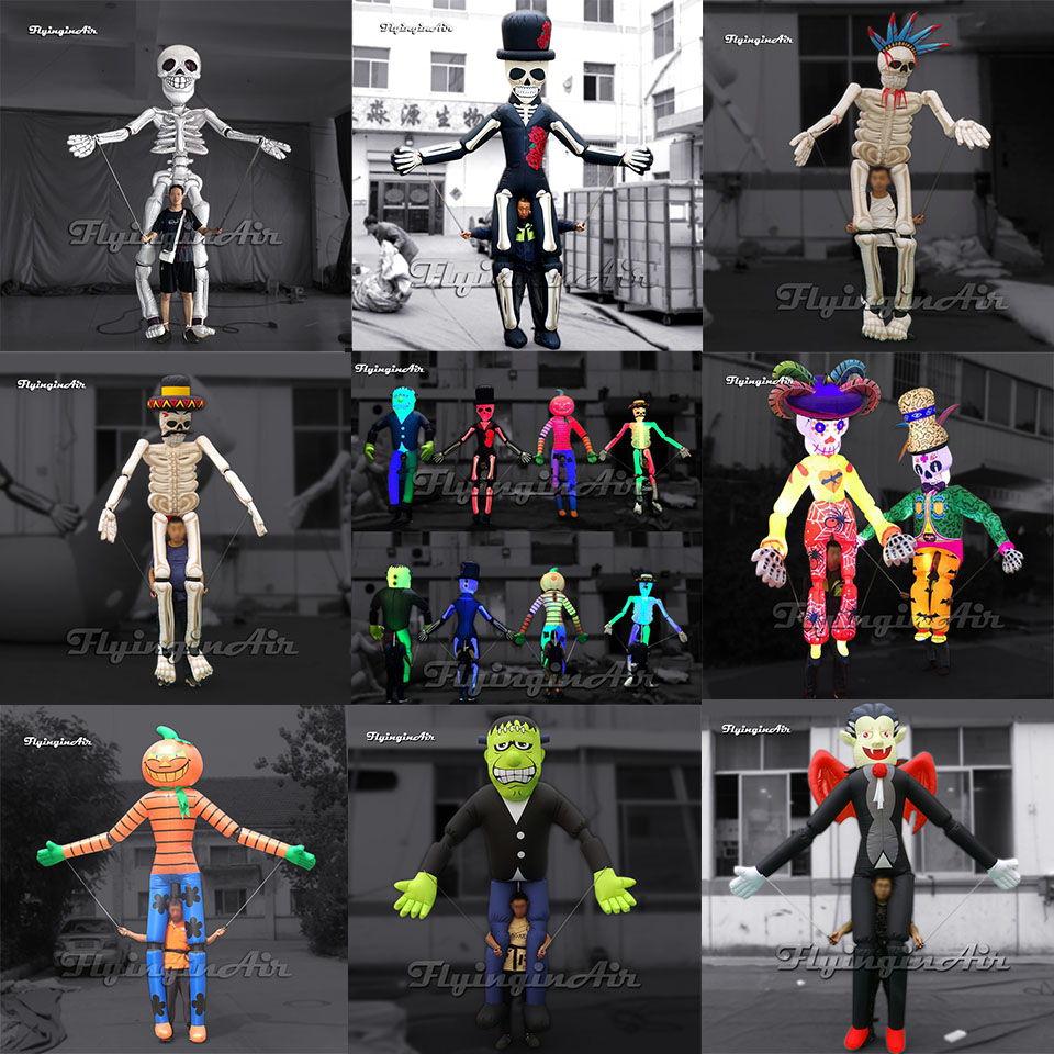 Títeres de Halloween: esqueleto, calabaza y vampiro inflables controlables